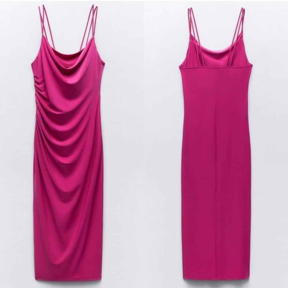 Zara fuchsia hot pink draped gathered cowl neck spaghetti strap midi dress NWOT
